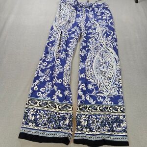 Artisan NY Blue Paisley Floral Wide Leg Pants Womens Medium Elastic Waist Rayon
